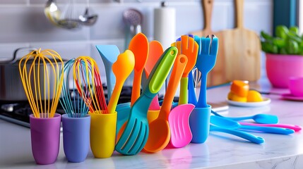 Array of colorful silicone whisks and spatulas resting on a bright white countertop, adding a pop of vibrancy to the kitchen.