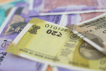 Indian money and banknotes, 200 rupees. Background of paper Indian money