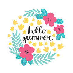 Hello summer lettering decorated with flowers. Flower wreath with text. Vector template for summer post cards, posters, social media or another design