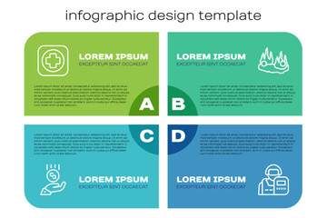 Set line Coins on hand - minimal wage, Hospital signboard, Police officer and Burning car. Business infographic template. Vector