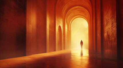 A solitary figure walks towards a bright light at the end of a series of arches, conjuring a feel of mystery and discovery