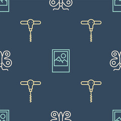 Set line Butterfly, Wine corkscrew and Photo frame on seamless pattern. Vector