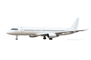 Side view of a commercial airplane in flight with a white background. Perfect for travel, aviation, and transportation topics.