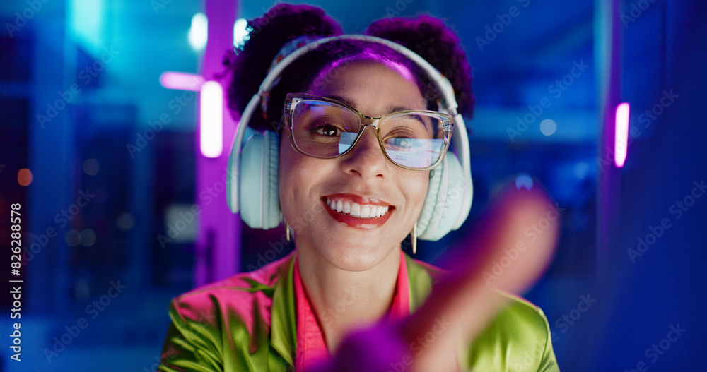 Poster business, neon and woman with computer, typing and night with internet and connection. person, emplo