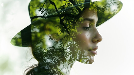 A double exposure illustration featuring a woman wearing a hat, blended with a lush green spring forest evocatively symbolizes her deep connection with nature, embodying qualities of growth, vitality.