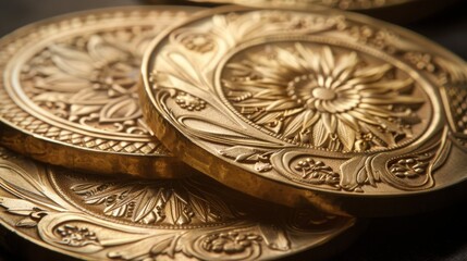 Obraz premium Close-up view of gold coins featuring detailed floral engravings, displayed on a dark surface, showcasing their intricate craftsmanship.