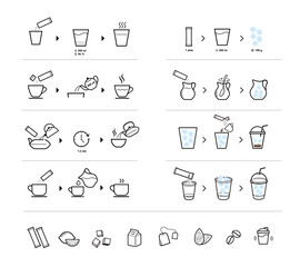 Set of methods of brewing tea, coffee and cold drinks. Preparation instructions. Vector elements for infographics. Set of sign for detailed guideline. Ready for your design. EPS10.