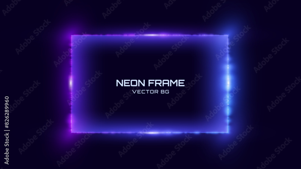 Aufkleber Neon Square Frame. Blue and Purple Neon Lights Rectangle Sign. Abstract Cyberpunk Background Tunnel Portal. Geometric Glow Outline Shape. Abstract Vector Background With Space For Your Text.