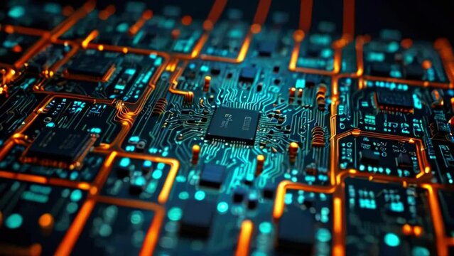 Looping videos of the latest technology by generative AI feature detailed designs of CPU, microchip, computing processor, and electronic circuit board.