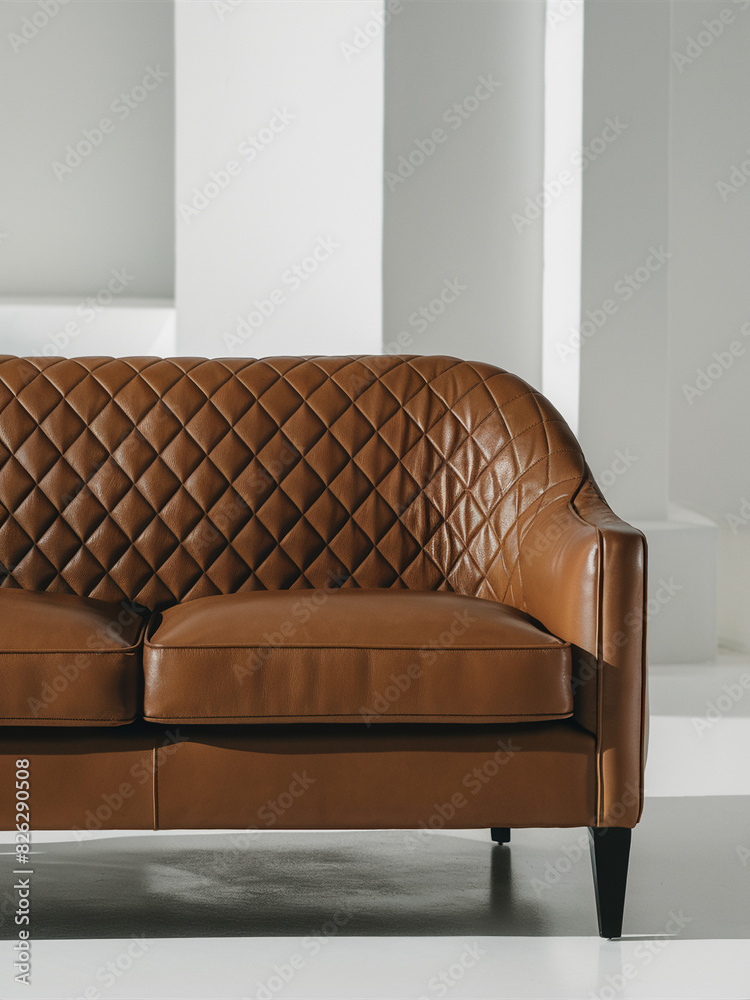 Poster A brown leather sofa featuring a diamond pattern on the back, set against a white background.
