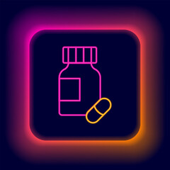 Glowing neon line Sedative pills icon isolated on black background. Colorful outline concept. Vector
