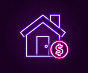 Glowing neon line House with dollar symbol icon isolated on black background. Home and money. Real estate concept. Colorful outline concept. Vector