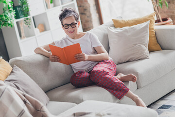Full size photo of nice senior woman sit sofa read book dressed white clothes cozy living room home...