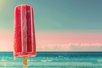 A raspberry red tropical fruit popsicle glistens in the July sun isolated against a pastel gradient sky and a tranquil azure sea