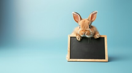 Cute baby rabbit with message board and blue background.
