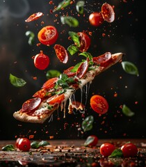Photograph of an explosion of a deconstructed Pepperoni pizza with its ingredients floating in the air,