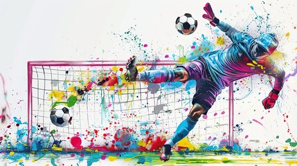 Painting A soccer player is kicking the ball towards the goal colorful paint splashes on a white background