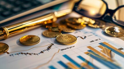 Bitcoin coins scattered on financial charts beside a pen and glasses, reflecting cryptocurrency analysis in a modern office.