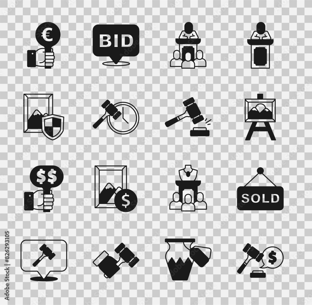 Poster Set Auction hammer price, sold, painting, auctioneer sells, Hand holding paddle and icon. Vector