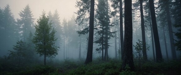 Obraz premium Trees in the fog The smoke in the forest in the mornin