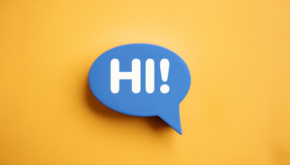 Minimal blue chat bubble with text HI on yellow background. Social media, online communication.