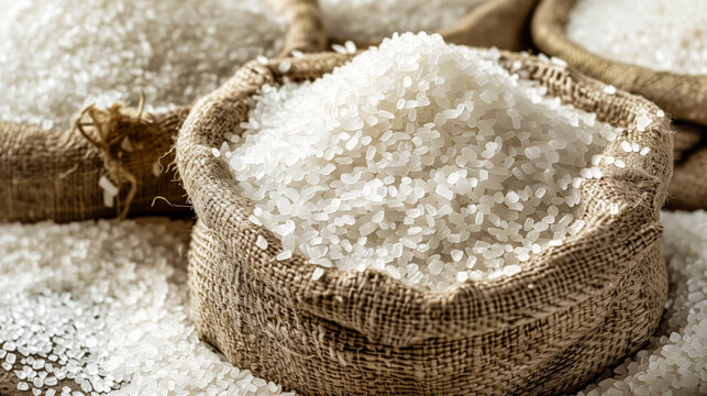 Close-up view of bags and piles of saltpeter