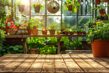 Obraz premium A wooden potting bench in the foreground with a blurred background of a botanical greenhouse. The background includes various potted plants, hanging flowers, gardening tools, and large glass windows