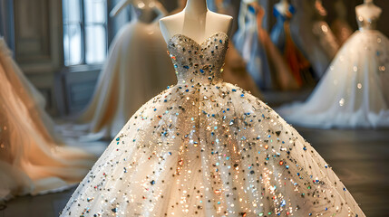 Close-up of a stunning wedding gown displayed on a mannequin in a boutique