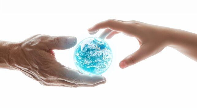 An adult hand pass a glowing earch to a child hand