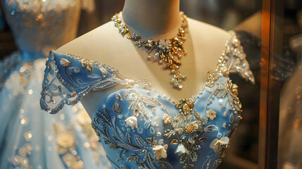 Close-up of a stunning wedding gown displayed on a mannequin in a boutique