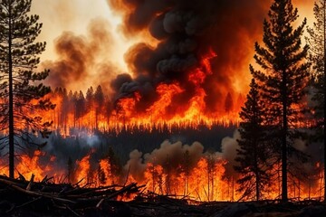 Forest fire, wildfire landscape natural disaster catastrophe, with smoke and flames