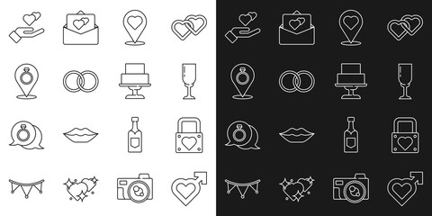 Set line Heart with male gender, Lock and heart, Glass of champagne, Location, Wedding rings, hand and cake icon. Vector