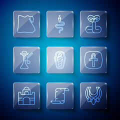 Set line Egyptian house, Papyrus scroll, necklace, Snake, mummy in sarcophagus, Hookah, Map of and Cross ankh icon. Vector