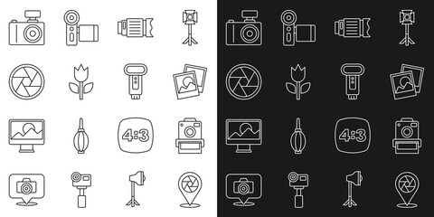 Set line Camera shutter, Photo camera, frame, photo lens, mode macro, and flash icon. Vector