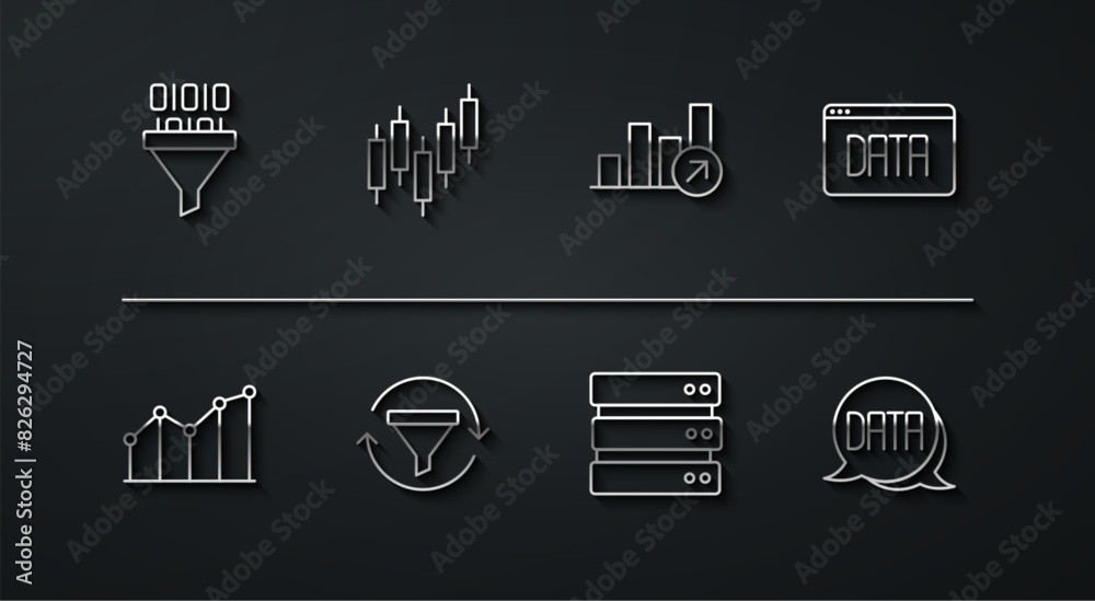 Poster set line binary code, pie chart infographic, data analysis, server, sales funnel with, browser stock