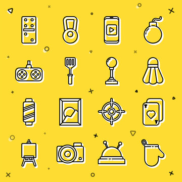 Set line Oven glove, Playing cards, Badminton shuttlecock, Online play video, Spatula, Gamepad, Domino and Joystick for arcade machine icon. Vector