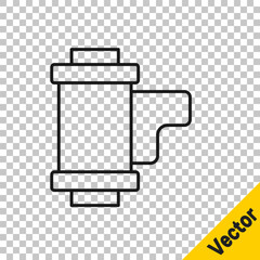 Black line Camera vintage film roll cartridge icon isolated on transparent background. 35mm film canister. Filmstrip photographer equipment. Vector