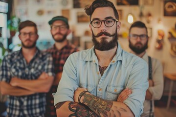 Portrait of a bearded man with tattoos standing confidently in a workshop setting