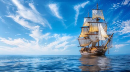 Obraz premium Sailing ship in sea water.