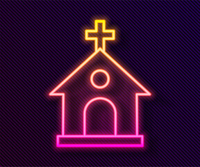 Obraz premium Glowing neon line Church building icon isolated on black background. Christian Church. Religion of church. Vector