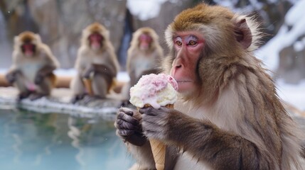 Naklejka premium Japanese monkey eating ice cream in park