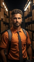 Fototapeta premium Confident businessman in orange shirt and tie stands in a warehouse.