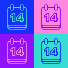 Pop art line Calendar with February 14 icon isolated on color background. Valentines day. Love symbol. Vector