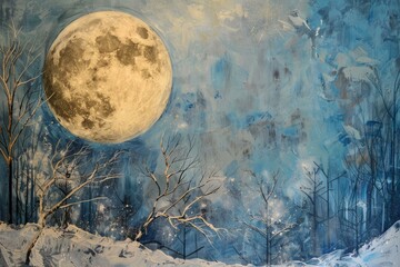 Abstract artistic painting of a full moon over a tranquil winter forest