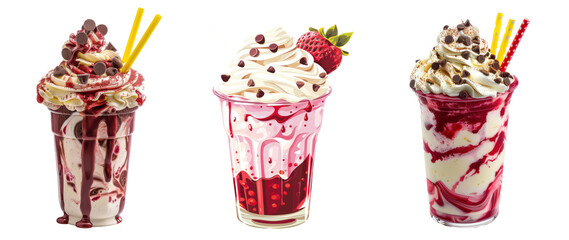 Set of Delicious Strawberry Chocolate Chip Sundae with Whipped Cream and Strawberry Drizzle, For Food and Drink Advertisement or Promotion, Photography, Cut-Out. Isolated on Transparent Background