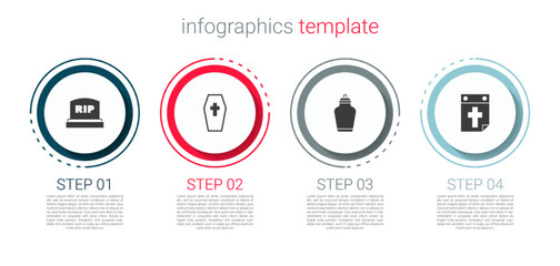 Set Tombstone with RIP written, Coffin cross, Funeral urn and Calendar death. Business infographic template. Vector