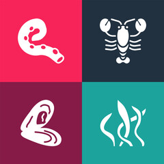 Set pop art Seaweed, Mussel, Lobster and Octopus of tentacle icon. Vector