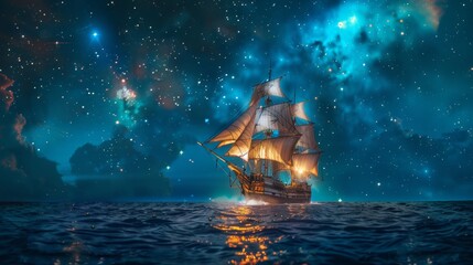 Sailing ship in sea water with night sky milky way.