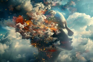 Artistic image blending a woman's profile with celestial clouds and vibrant sparks