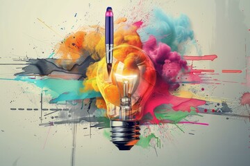 Conceptual image of a light bulb with a vibrant splash of colors symbolizing creativity and inspiration